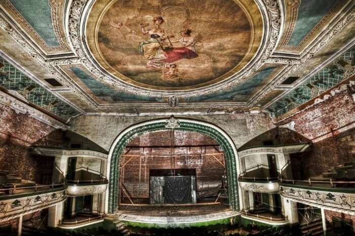 The grand painting on the ceiling and the stage at the Orpheum Theater in Massachusetts in USA