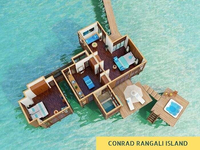 An aerial view of the Conrad resort on Rangali Island in Maldives