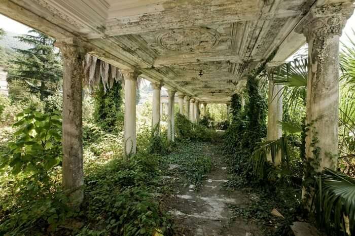 Grass growing through the abandoned train station at Abkhazia in Georgia