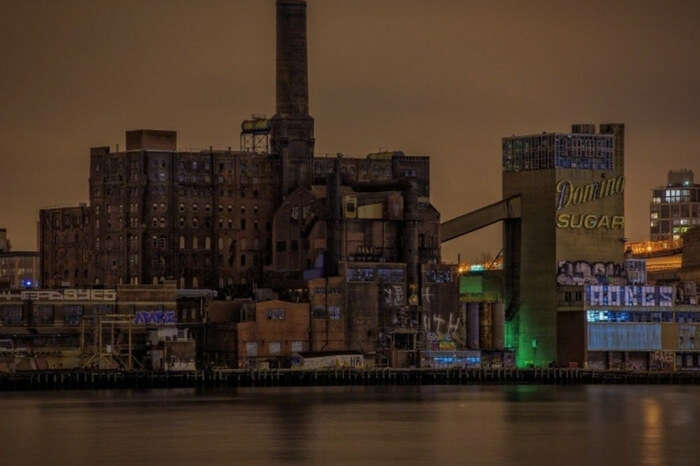 A distant shot of the abandoned Domino Sugar Factory at Brooklyn in New York