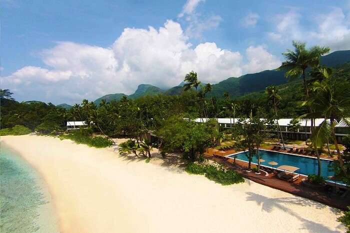 An aerial shot of the beachfront of the Avani Resort in Seychelles