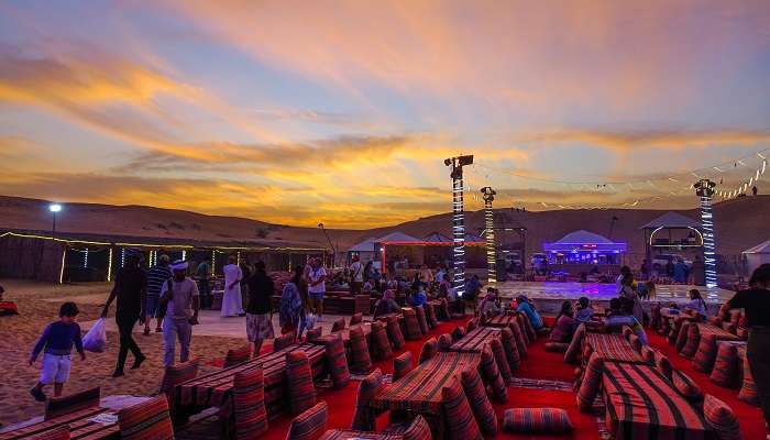 Bedouin Camp On The Dubai Desert At Sunset