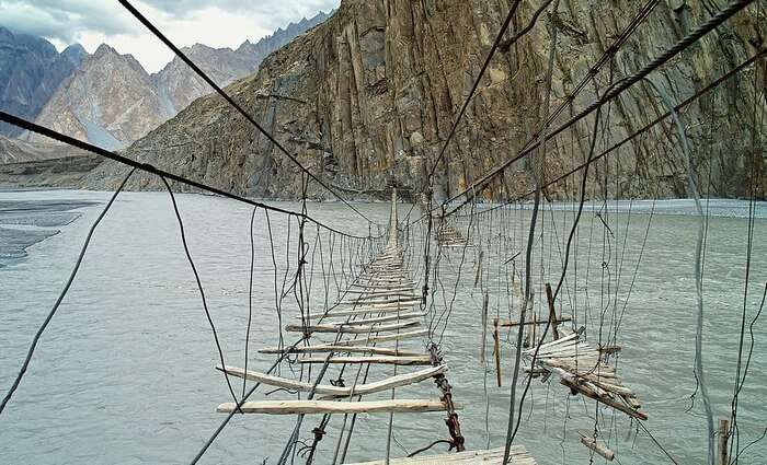 The dilapidated Hussaini Hanging Bridge in Northern Pakistan