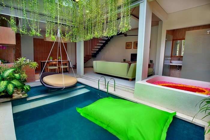 magnificent private pool in ini vie villa with swing and flower bathtub