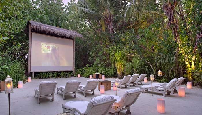 Open air jungle cinema setup to experience nightlife in Maldives