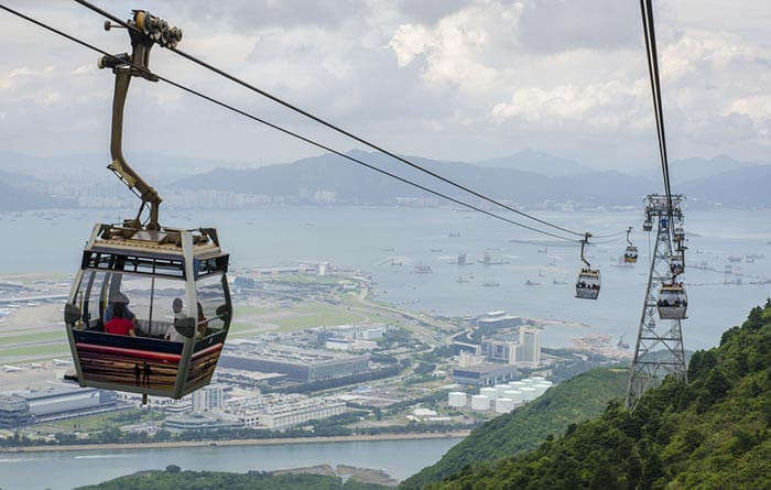 A top view of the fun Ngong Ping 360 cable car ride and the Lantau Island beneath