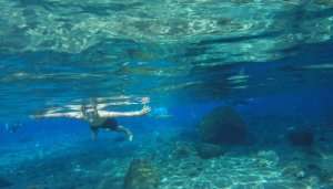 man snorkeling under water