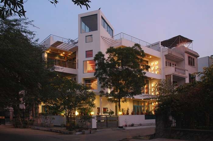 An evening shot from a distance of the B nineteen Bed and Breakfast in Delhi