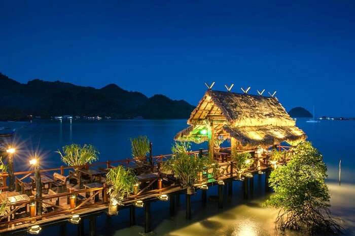 A night shot of the Langkawi Fish Farm Restaurant