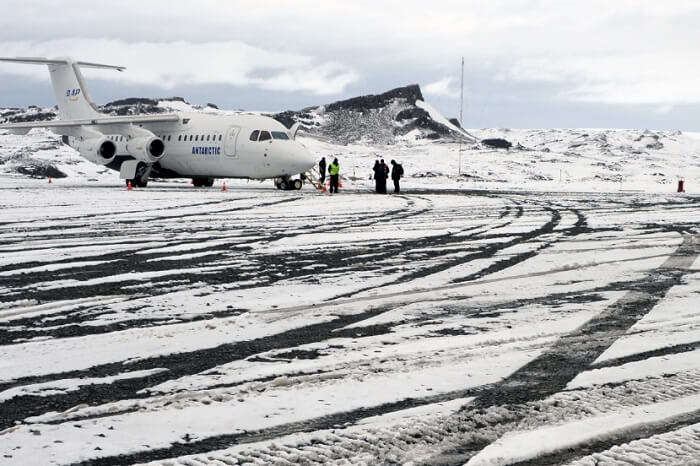 An aeroplane at the runway of King George Island airport in Antarctica