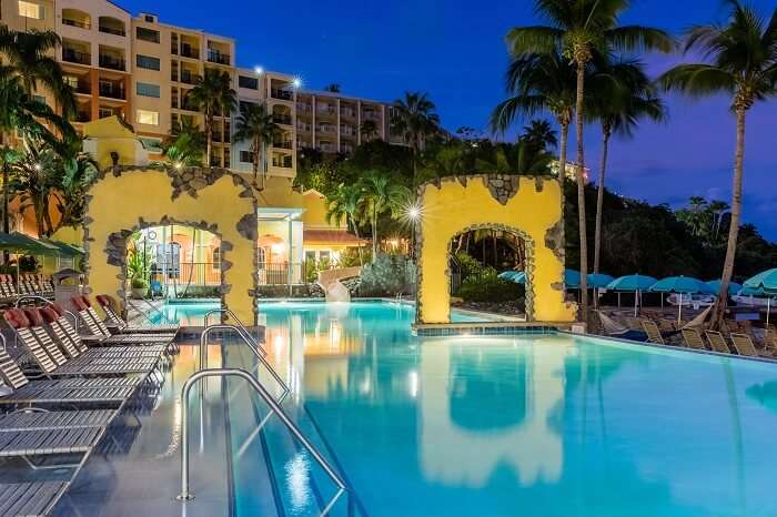 A night shot of the swimming pool at the Marriott Frenchman Cove resort in the US Virgin Islands