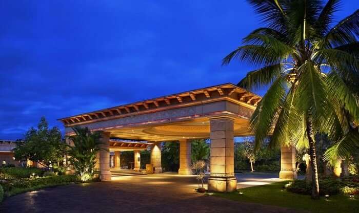 The grand entrance at Leela beach resort in Goa