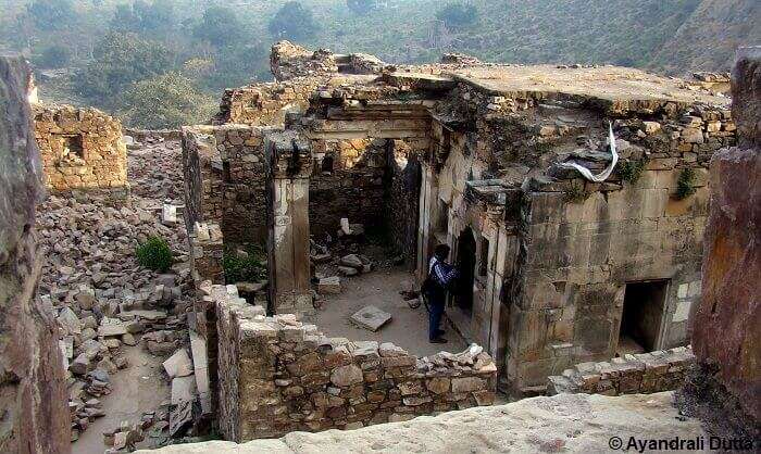 A roofless house in the cursed village near the Bhangarh Fort