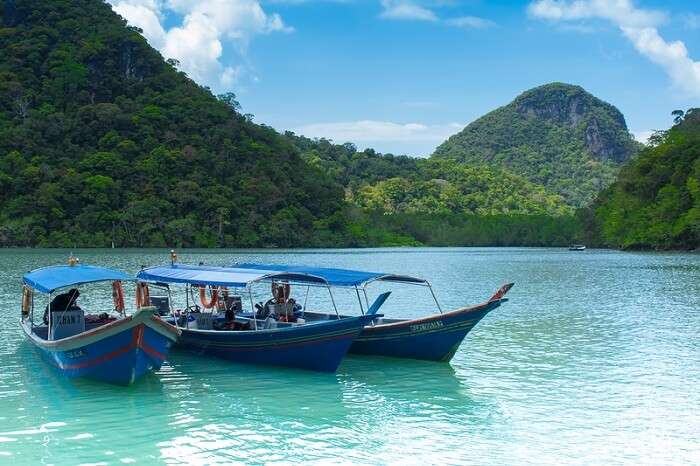 Tourist boats at the Pulau Dayang Bunting or the Pregnant Maiden Island in Langkawi