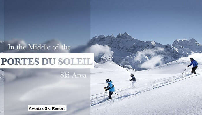 Skiers skiing in the middle of Portes Du Soleil Ski Area in Avoriaz