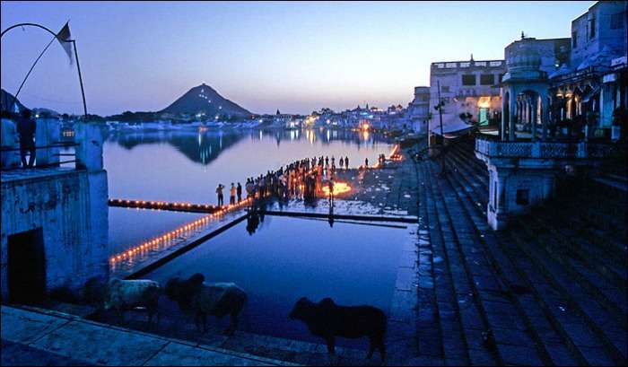 Open sky campfire night in the little colourful place, Pushkar