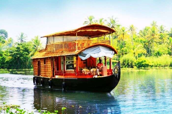 Backwater houseboat surrounded by coconut trees and enriching Ayurveda, Kerala