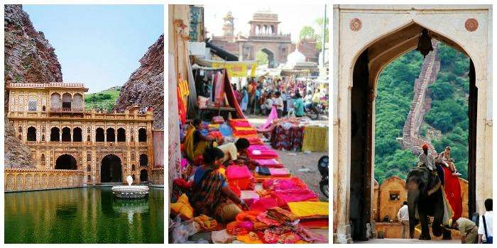 Galtaji temple, street market colors textiles, amberfort elephant ride in jaipur
