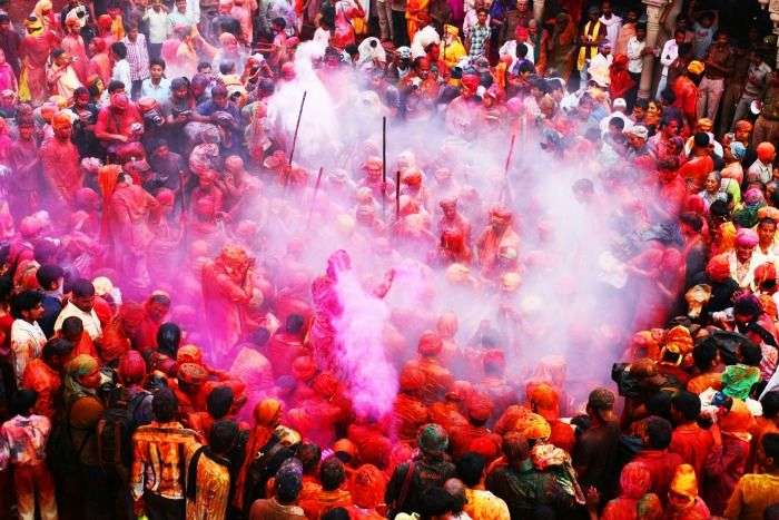 A colourful display during Lathmar Holi in Barsana