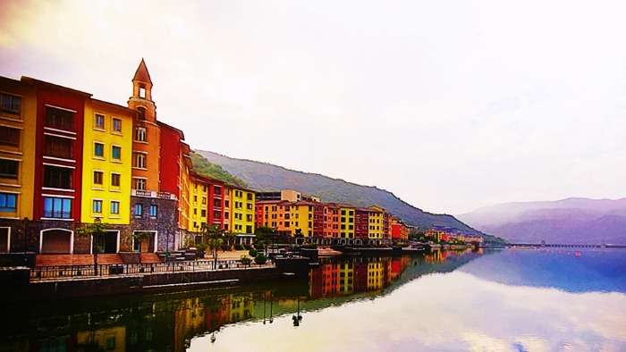 A view of Lavasa’s colorful architecture from the bridge