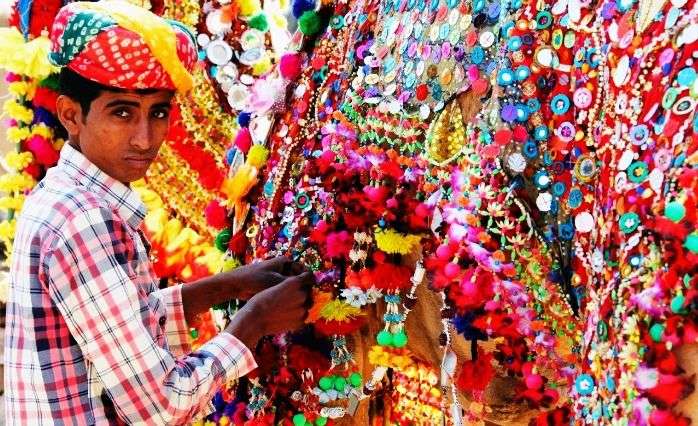 Village boy decorating a camel at Rann Utsav in Kutch