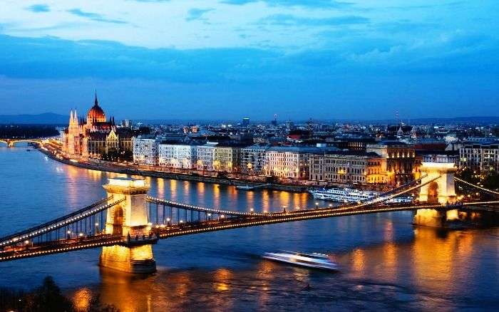 The view of Budapest bridge at night