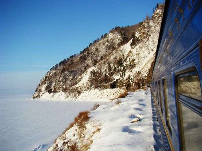 A train rushes past the frozen Lake Baikal, the world’s oldest and deepest freshwater lake