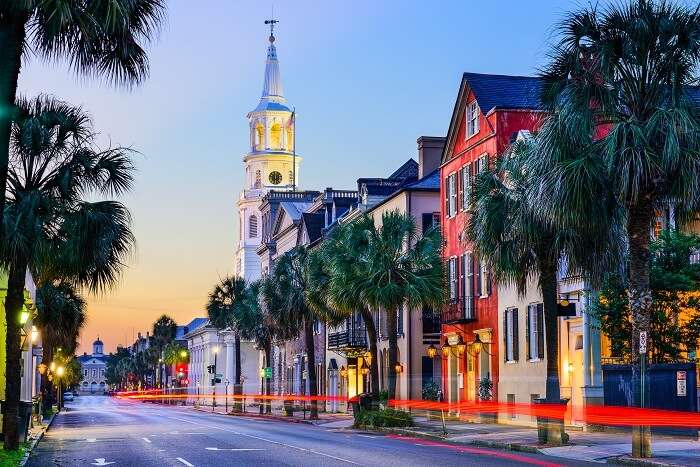 Cityscape of Charleston in South Carolina state of USA in the historic French Quarter at twilight