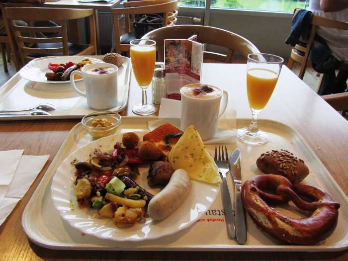 Meat, Juices, Salads, veggies make for a delectable German breakfast