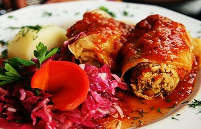 Taste meat and rice wrapped in perfectly boiled cabbage leaves in Poland