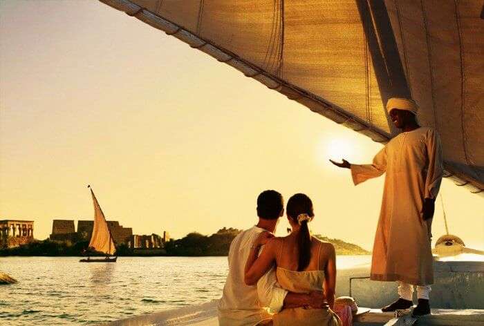 A honeymoon couple on a yacht in Egypt
