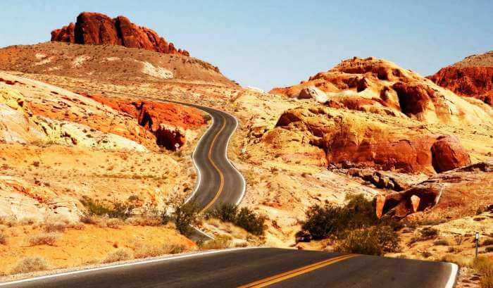 Road through the red mountains at Valley of Fire, USA