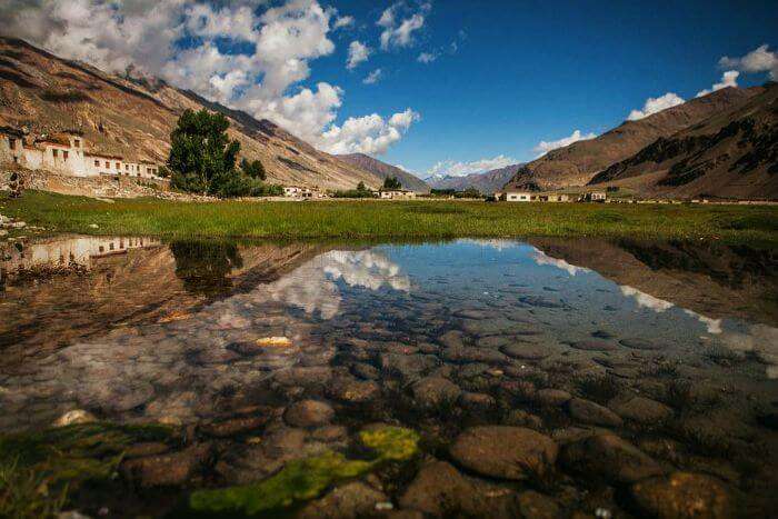 Reflection of the sky in an alpine lake of the Zanskar valley in Ladakh