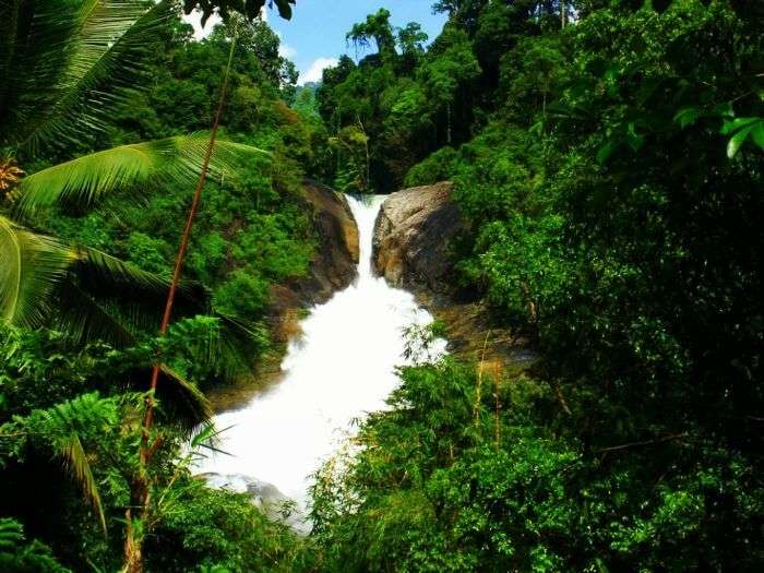 Cascade-shaped Bopath waterfall in Sri Lanka