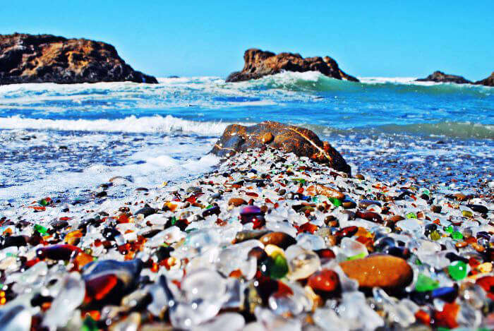 Colored glass on the beach of Fort Bragg in California