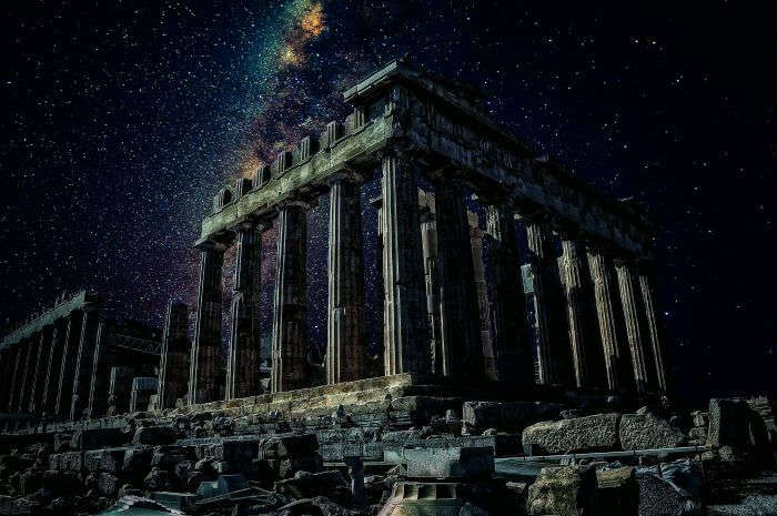 Ruins of Athens in starlight