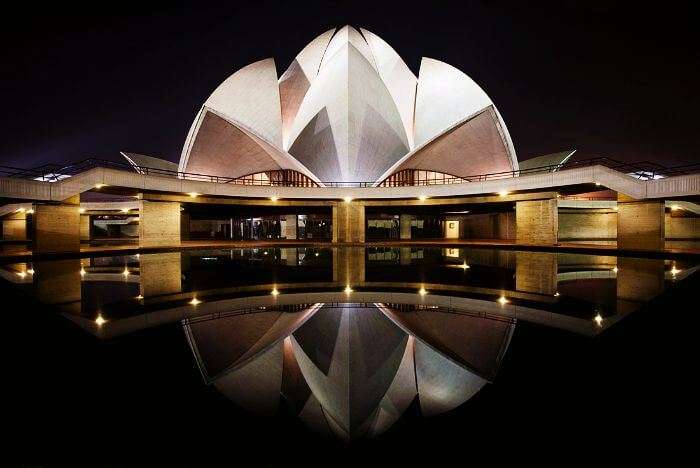 A rare night view of illuminated Lotus Temple