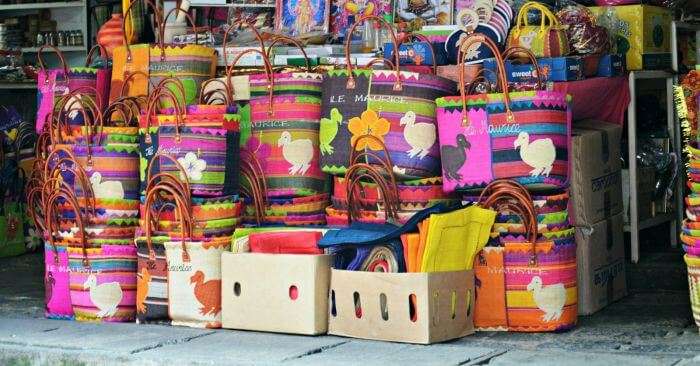 Crafty bags displayed at Port Louis Market