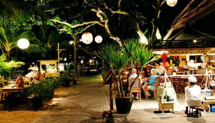 Tourists dining at Sanur night market in Bali
