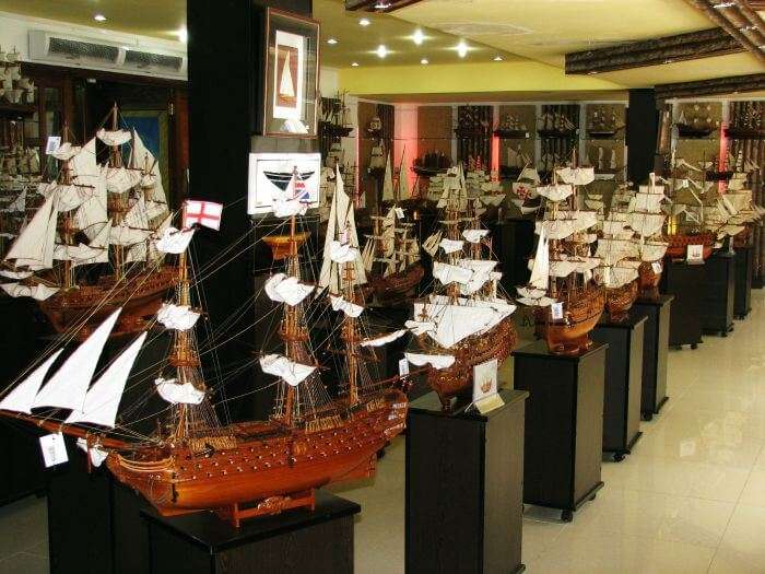 Wooden model ships displayed at the Ship Model Factory at Curepipe