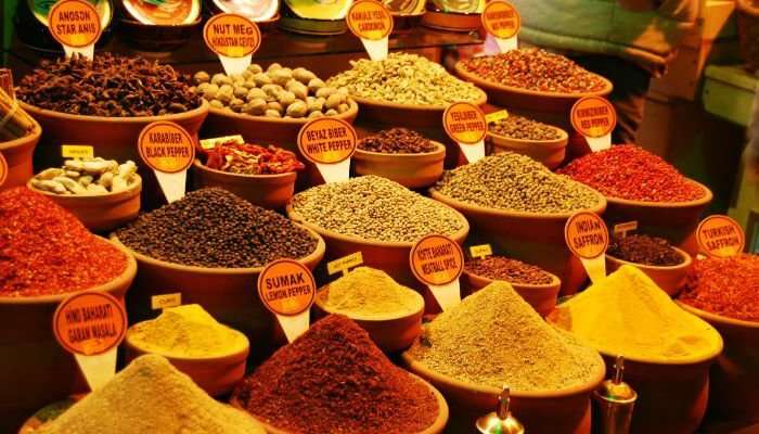 Large variety of spices and dry fruits in Egyptian Bazaar