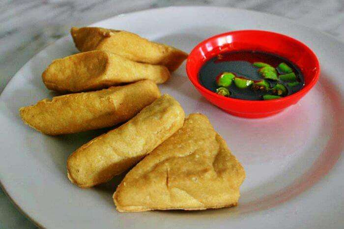 A popular food in Bali - Tahu and Tempe - served with sauce