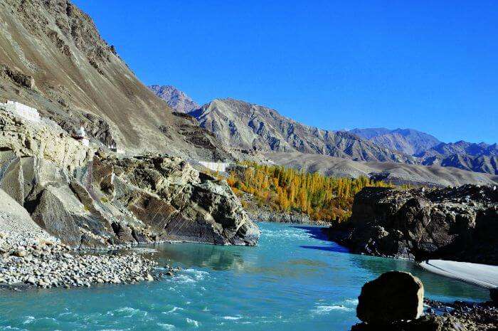 A view of the river in Leh during Autumn