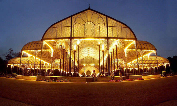 An illuminated Lalbagh Glass House