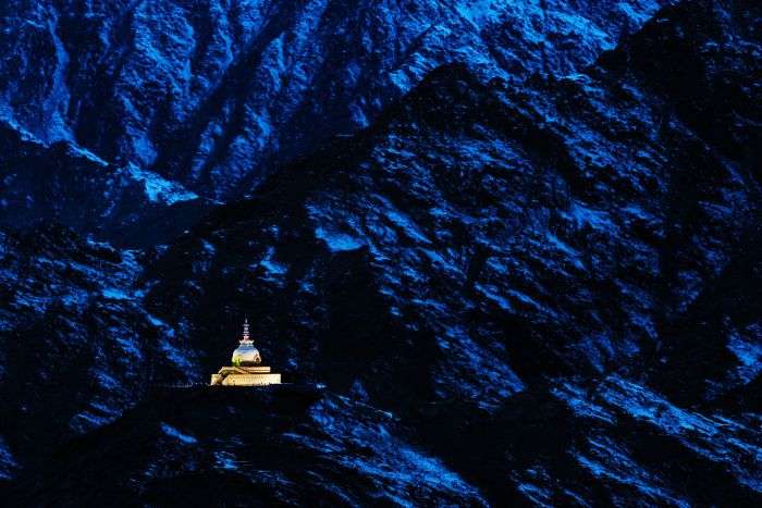 Shanti Stupa on a moonlit night