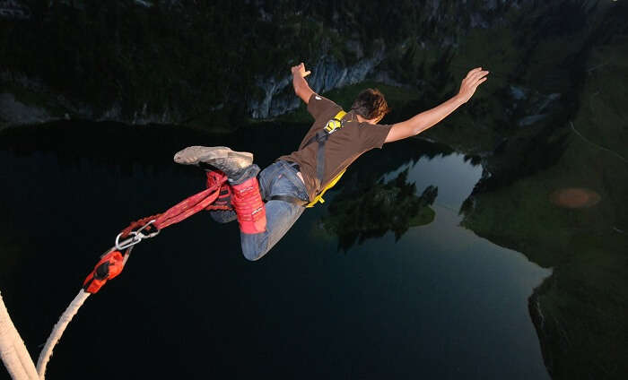 A person tries bungee jumping at Rishikesh
