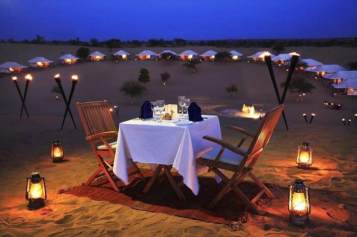 Enjoy dinner at the tents in Thar in Jaisalmer which is one of the best places to visit in Winter in India