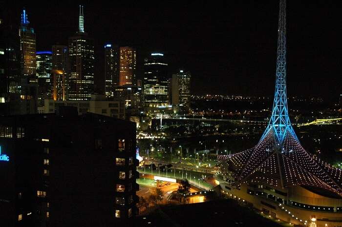 An illuminated South Bank and Arts Centre, Melbourne