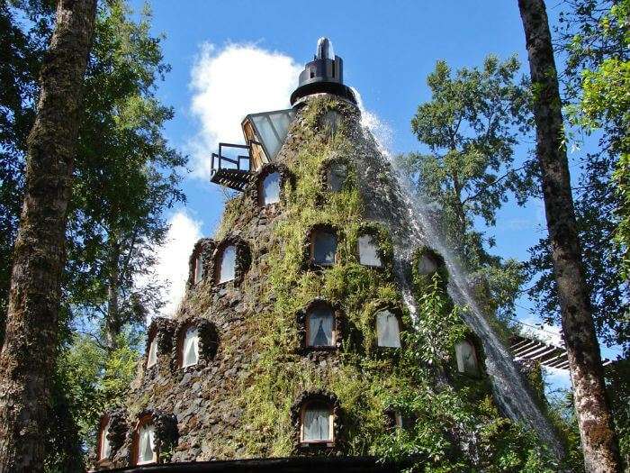 The Montaña Mágica Lodge in Chile covered in flora