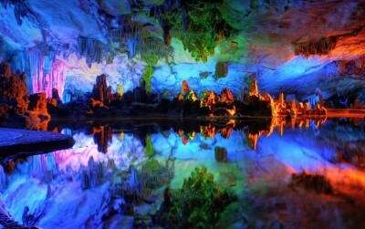 Psychedelic imagery of the Reed Flute Cave in China